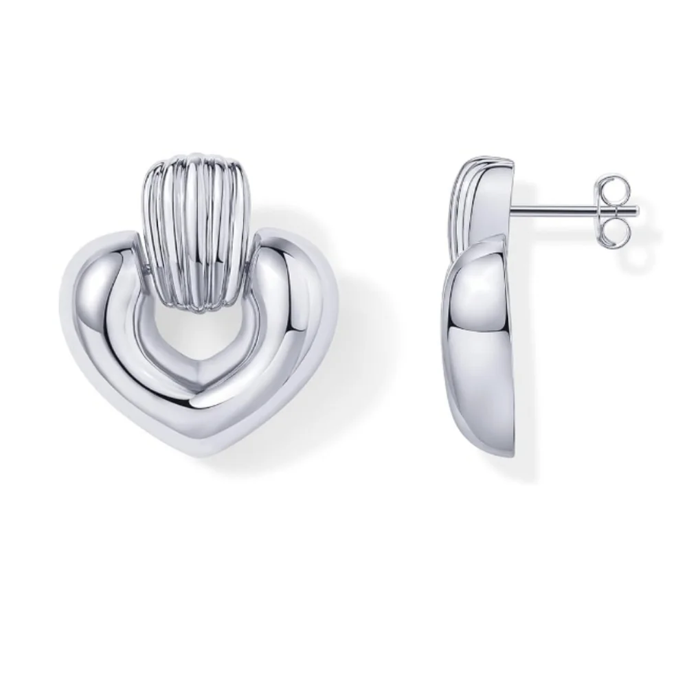 14K Gold Plated Chunky Dangle Heart Earrings In White Gold